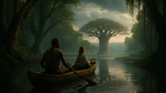 Ngoli et Elise dans une pirogue près d’un baobab au bord de la rivière.