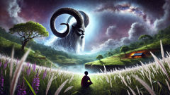 The horned serpent Monai shimmering in moonlight, showing visions of lush and scarred grasslands to a kneeling girl.