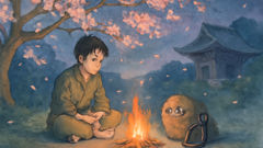 A gentle monk shares food with a shy Abumi-guchi spirit beneath a blooming cherry tree.