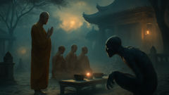 A monk offering merit while a preta watches at a temple courtyard