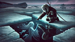 Anguta kneels on sea ice, reaching toward Sedna’s spectral form rising from the black water below.