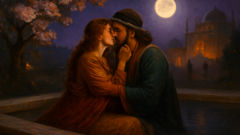 Vis and Ramin embrace beside a moonlit lotus pool in a Persian palace garden