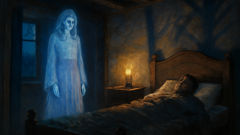 The Mora stands at the foot of a villager's bed as candlelight flickers.