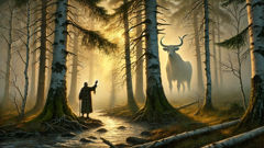 Elderly Eirik waves farewell to the Huldra in the misty forest as dawn breaks.