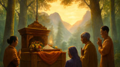 Altar for a mountain Nat guardian surrounded by offerings and incense in Myanmar.
