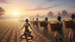 Rituel villageois à l’aube : des offrandes disposées le long des bords des champs, tandis que les anciens fredonnent des chants ancestraux pour honorer Moñái.