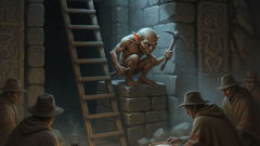 An artist's interpretation of the Muki near an ancestral mine mouth, combining precolonial motifs and miners' imaginations.