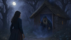 Muma Padurii’s hut woven from roots and bark under moonlight in a yew-ringed clearing.