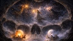 Odin e seus irmãos prendem as faíscas de Muspelheim ao crânio interno de Ymir, criando as estrelas.