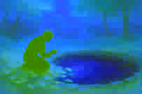 Una figura solitaria cuidando la naciente fuente a la madrugada, con la luz filtrándose entre los árboles.
