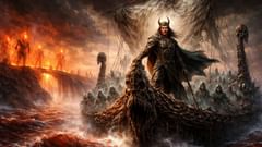 Naglfar, la nave hecha con las uñas de los muertos, lleva a Loki y a los muertos deshonrados hacia el Ragnarök.