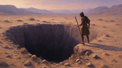 Pozo del desierto con sombras y huesos esparcidos bajo un sol abrasador