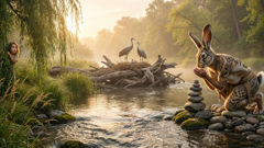 Nanabozho shaping a river bend as cranes watch, stones and reeds in the foreground