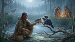 Nanabozho trading with Raven by moonlit pond while hunters learn restraint