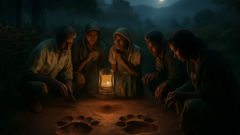 Large animal tracks in moonlit Kenyan earth, villagers gathered in awe and fear.