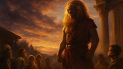 Narasimha taucht auf der Veranda des Palasts in der Abenddämmerung auf.