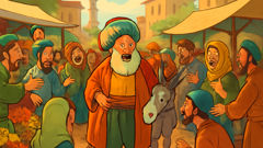 Nasreddin Hodja y su burro rodeados por aldeanos debatiendo animadamente en un bullicioso bazar.