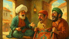 Nasreddin Hodja, con un turbante torcido, medía entre dos vecinos que discutían por una alfombra.