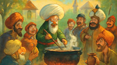 Nasreddin Hodja preparando sopa de piedra mientras los aldeanos y el Sultán observan asombrados.