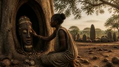 Au cœur frais du bosquet, le visage perdu attendait parmi la poussière et le silence.