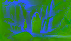 Ngombo escucha con asombro mientras el sabio dador de agua gesticula hacia el cielo, rodeado de cascadas y niebla en un valle oculto.