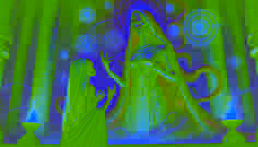 Ngoné se encuentra ante un imponente Djinn de ojos dorados, suplicando por el regreso de la Máscara Sagrada en un reino etéreo y resplandeciente.
