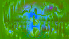 An owl-woman descending on a moonbeam above cracked earth and moonflowers under a stormy sky.