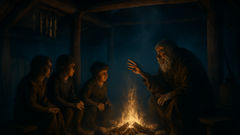 Un anciano contando la historia de origen del dios del fuego de los Nivkh, junto a un hogar resplandeciente en una cabaña de madera.