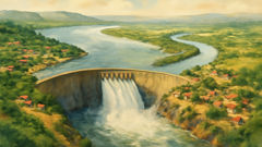 Barragem ao longe, com Nyami Nyami na margem do rio.
