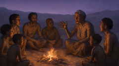 Los aldeanos khoikhoi se reunían alrededor de una hoguera para contar historias durante la noche.