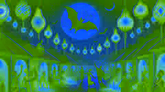 Obiaku the bat soaring beneath a crescent moon over a Nigerian festival