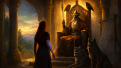 Elin stands before Odin in Asgard, facing challenges from gods and giants.