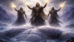 Os três filhos de Bor — Odin, Vili e Ve — preparam-se para derrubar o gigante primordial Ymir.