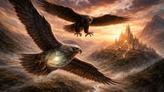 Odin, en forma de águila, corre hacia Asgard, mientras Suttung lo persigue furiosamente.