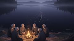 Les Anciens syilx transmettent l'histoire de N'ha-a-itk à un cercle d'auditeurs à côté du lac scintillant.