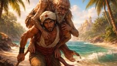 Las piernas del anciano se enroscaron alrededor del cuello de Sinbad, y Sinbad se convirtió en una bestia de carga para una criatura de la que no podía escapar.