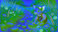 Olivia the pig sipping water from a crystal-clear stream