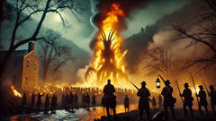 Fiery riverbank with townsfolk facing the illuminated Gowrow at night