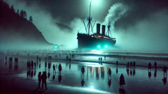 A glowing ship appears in thick sea mist off the shore of Chiloé at night
