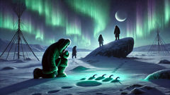 A Mahaha victim lies beneath a boulder with a twisted, frozen smile under Arctic lights
