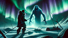 The Mahaha attacking an Inuit hunter on the snowy tundra under an eerie aurora