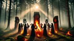 Walpurgisnacht-Ritual mit den Schatten der Frauen, die als Brockengespenster im Nebel erscheinen