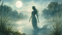 A mystical scene of Luandinha forming from river mist under a full moon