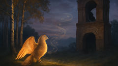 A painted scene of the Alkonost singing beside a ruined bell tower while the Sirin watches from shadow