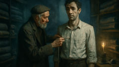 A humble Russian clerk stands in a dim tailor shop, being fitted for a new blue overcoat.