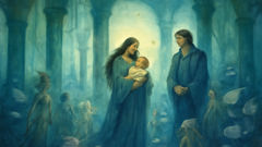 Eglė in an underwater palace of green glass with her children and Žilvinas.