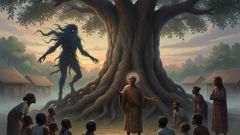 Um ancião narra as origens de Papa Bois sob uma figueira-banyan, enquanto os moradores ouvem, entrelaçando o folclore com o cotidiano.