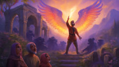 A glowing feather and radiant Pari banish dark spirits from a Persian temple at sunrise.