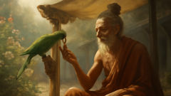 parrot and garden jataka village courtyard scene