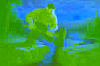 Paul Bunyan balanceando su hacha para esculpir los Grandes Lagos.